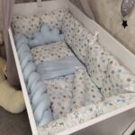 Komplet jastučasta ogradica za krevetac 120x60cm Sivo plave zvjezdice - Svijetlo plava