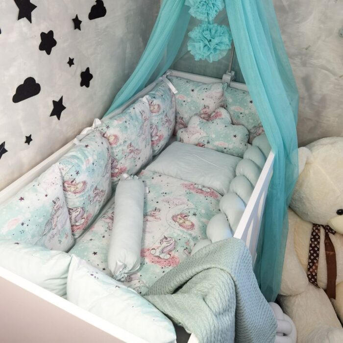 Ogradica za krevetac s posteljinom, pletenicom i ukrasnim jastucima 120x60cm Unicorns - Image 2