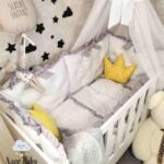 Set Royal Bijela sa Sivim volanima - Ogradica sa tri strane, pletenica, plahta, jastuk, jorgan