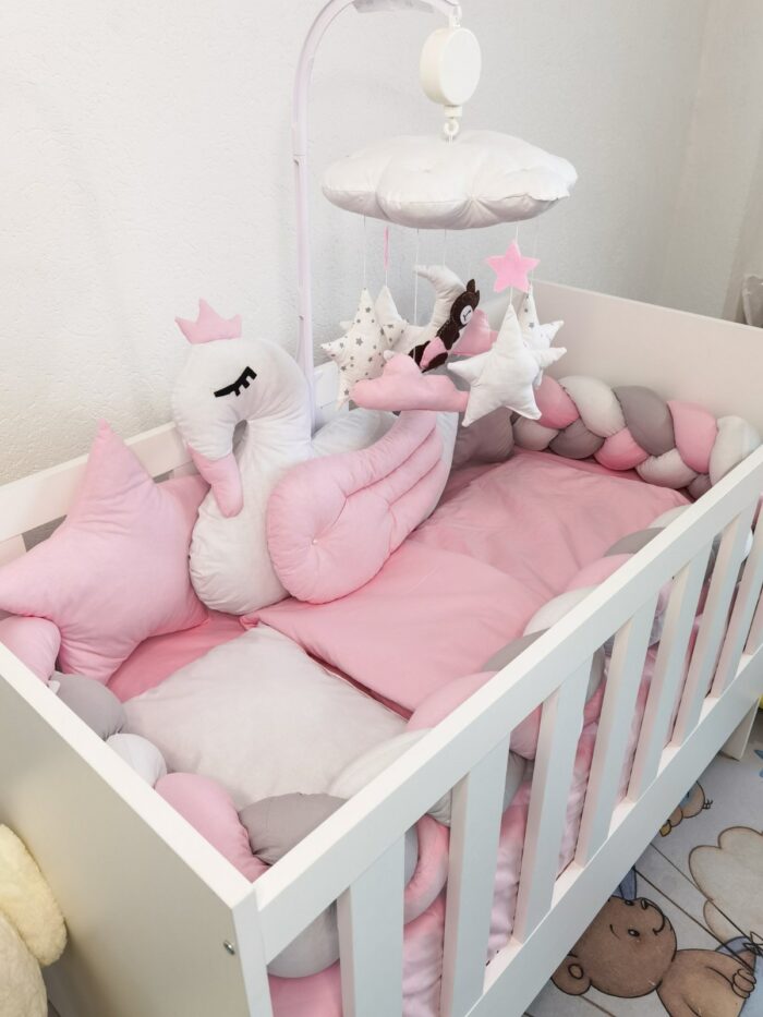 Set Labud Roze - ogradica, pletenica, plahta, jastuk, jorgan 120x60cm - Image 2