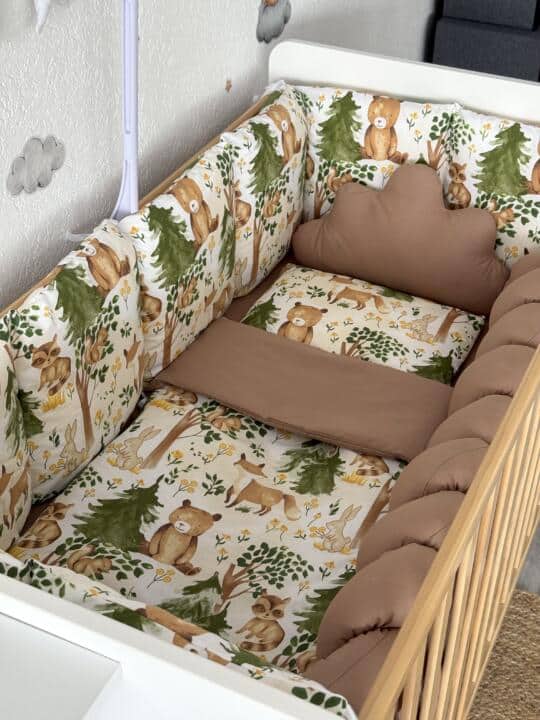 IMG_4299 (1) 2 Set Bumper Smeđa i Šuma - Ogradica sa tri strane, pletenica, plahta, jastuk, jorgan i dva ukrasna jastuka - Image 1