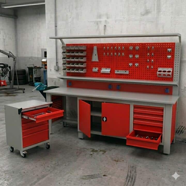 unnamed Metalni radni stol "Nano-Bodur" (NO:64) (Okvir - svijetlo siva/ Paneli - crvena) - Image 1