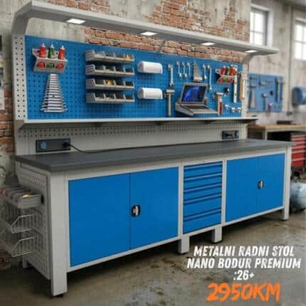 Metalni radni stol Premium "Nano-Bodur" (NO:26+)  (Okvir - Svijetlo siva / Paneli - Plava)
