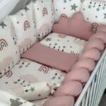 Set Bumper Puder roze i Puder roze Duge - Ogradica sa tri strane, pletenica, plahta, jastuk, jorgan